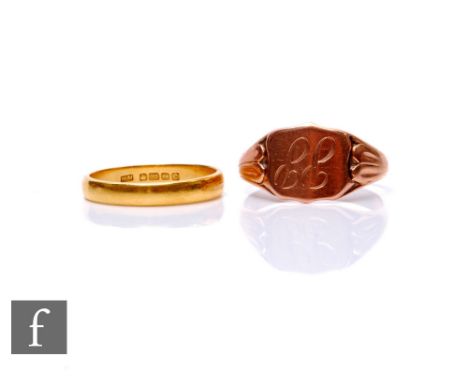 A 22ct hallmarked wedding ring, weight 4g, with a 9ct signet ring, weight 3.5g. (2)
