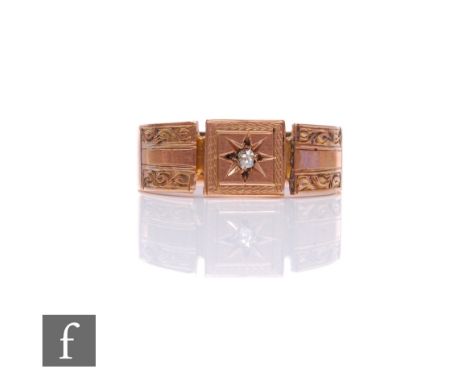 A 9ct hallmarked rose gold single stone diamond ring, gypsy set stone, weight 4.5g, ring size W, Birmingham 1928.