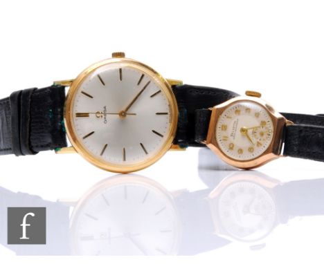 A gold plated gentleman's manual wind Omega wrist watch, gilt batons to a circular silvered dial, case diameter 34mm, all to 