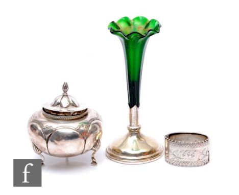 A hallmarked silver sugar basin and cover and a silver bangle, total weight 6.5oz, with a plated mounted trumpet vase, some d