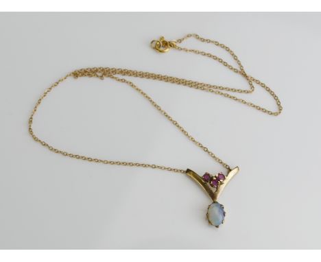 A 9ct Gold, Opal and Ruby Necklace, 39cm, hallmarked, 2.14g