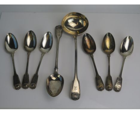 A George IV set of Fiddle, Thread &amp; Shell pattern spoons and soup ladle, maker Charles Eley, London, 1825, crested, inclu