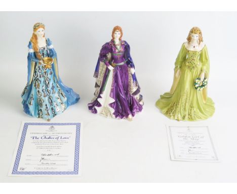 Three limited edition Royal Worcester figurines, 'Golden Girl of May', 'The Chalice of Love' and ' Branwen Daughter of Llyr' 