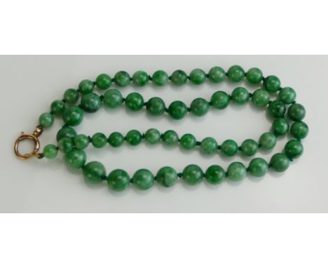 A Jade Bead Necklace with 9ct gold clasp, largest bead 9.5mm, 49cm, 43.8g