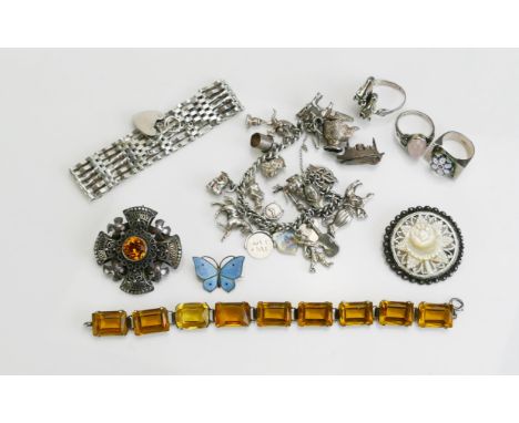 A Collection of Silver Jewellery including a charm bracelet, enamel butterfly brooch, etc., 95.4g weighable silver