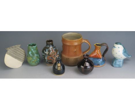 A Raymond Finch Stoneware Beer Mug (13cm high, impressed mark), a David Leach squat stoneware vase (8cm), Rye pottery vase an