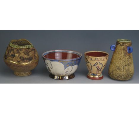 A Rose Ellis Studio Pottery Bowl decorated with elephants (16cm diam.) and a stork decorated vase (10cm high, both incised Ar