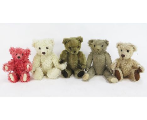 Teddy Bear Group including, Steiff 666063 Great White Way, Steiff pink bear, another modern mohair bear and 2 vintage bears