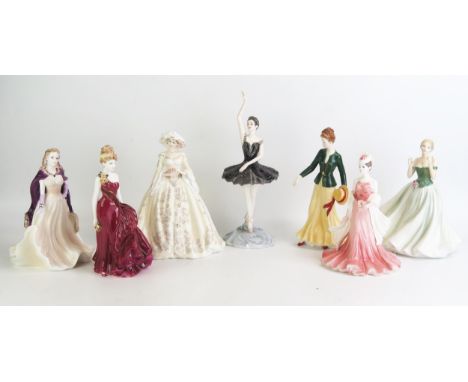 Seven Royal Worcester, Royal Doulton and Coalport figurines, includes 'Sue;, 'Margaret', 'The Black Swan', 'Vivien', 'Louisa'