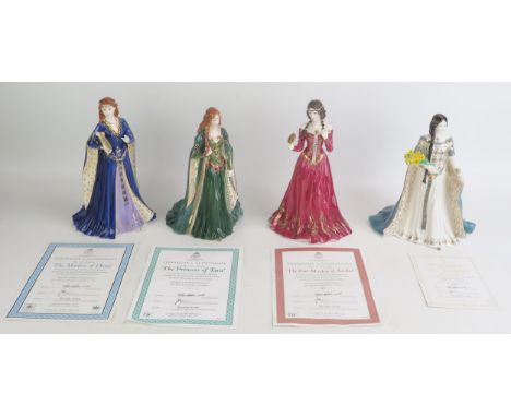 Four Royal Worcester figurines, includes 'Fair Maiden of Astolat', 'The Princess of Tara', 'The Daughter of Erin' and 'The Ma