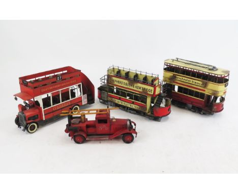 Vintage Style Tin Trams, Early Double Deck Bus and Fire Engine, longest 42cm