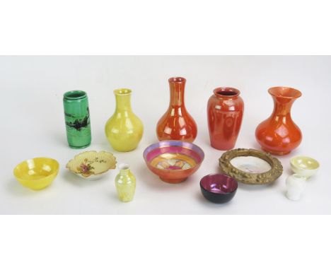 A Collection of Moorcroft including orange lustre (tallest 16cm, Doulton vase decorated with a scene by C. D. Gibson of a gro