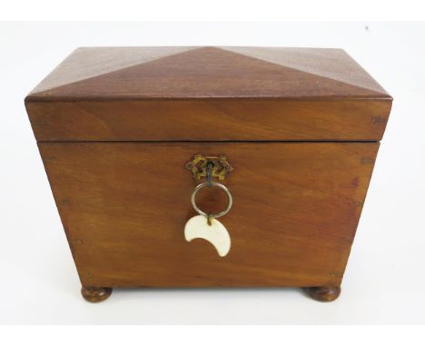 A 19th century mahogany tea caddy of rectangular tapering form, raised on bun feet, 22cm wide.