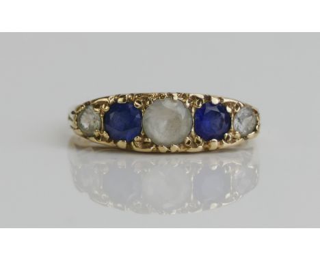 A 9ct Gold, Sapphire and Gem Set Five Stone Ring, size K.5, hallmarked, 2.62g