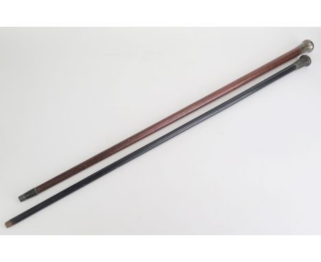 A Victorian Malacca and silver mounted walking stick, 87cm long, together with and ebonised and silver mounted walking stick 