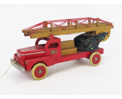 Brio (Sweden) Large Wooden Fire Engine Pull-Along Toy with extending ladder, 67cm long, ladder extends to approx 150cm - very