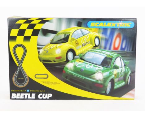 Scalextric Beetle Cup Slot Car Set with x2 VW Volkswagen Beetles No. 17 and No. 18 - mint or very near to , appears unused in