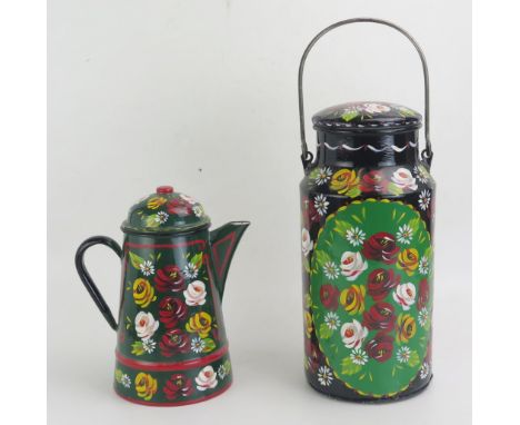 A painted barge ware style churn and cover 43cm handle up and a water jug and cover 24cm high.