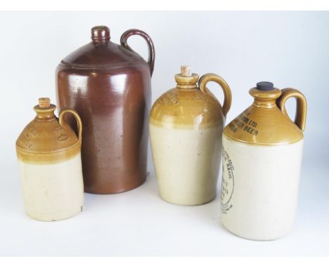 Four assorted stoneware flagons,  various sizes, impressed 'Mackintosh Bros Ltd, Plumstead', 'Charles Lucas, Egremont Hotel, 