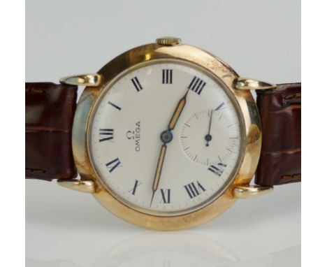 An Omega 14K Gold Cased Gent's Dress Wristwatch, 35.5mm case with enamel dial having Roman numerals and subsidiary seconds di
