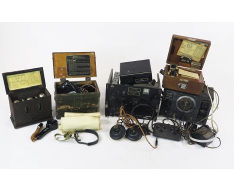 A British army telephone handset Mk II, in wood box, together with other assorted wireless and telephone accessories