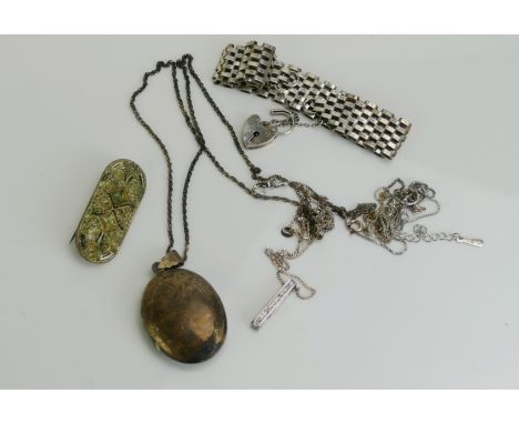 A Silver Gate Link Bracelet with 'padlock' clasp, silver locket on chain, etc