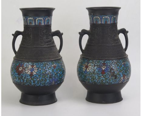 A pair of Chinese bronze and enamel vases of ovoid form, with banded decoration and enamel floral decoration, 24cm high.