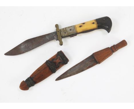 A horn handled folding knife with 14cm blade, together with an African dagger with 10.5cm blade, wood grip and sheath.  WE DO