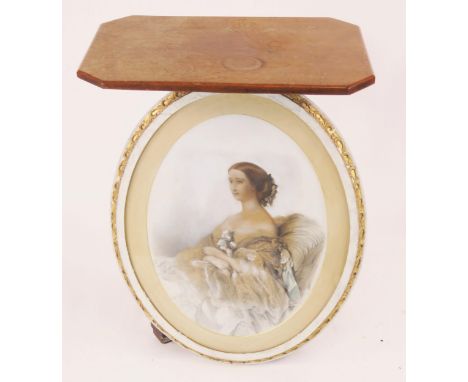 A Victorian Pedestal Occasional Table, 69cm high and a half - length portrait print of a Victorian young lady in an oval fram