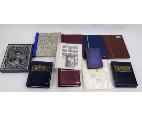 A Selection of Stamp Albums and Contents including GB, Empire and Commonwealth, locomotive themed