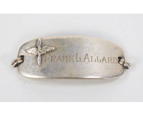 An American Army Airforce identity tag for Frank L Allard, 5cm long.