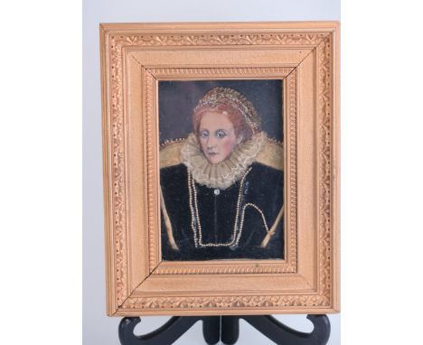 A Stumpwork Portrait of Queen Elizabeth I with painted face,  14/5x10cm, framed &amp; glazed