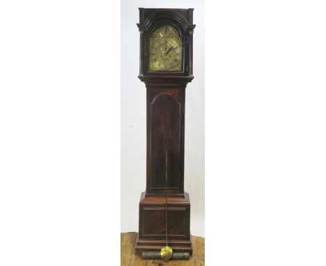 P Lanny, London, a mahogany longcase clock, with square hood having fluted columns, with arched waist panel door, on a box ba