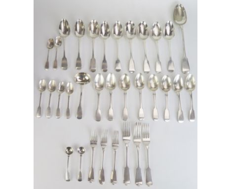 A mixed collection of Fiddle pattern silver flatware, various makers and dates, includes&nbsp;nine tablespoons, eight dessert