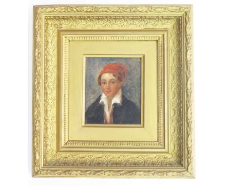 19th century continental school, Portrait of a young man with a red cap, oil on board, unsigned, inscribed 'Mr Roxburgh' vers