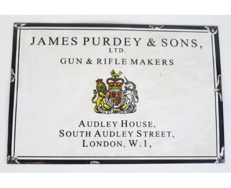 A reproduction enamel advertising sign ' James Purdey &amp; Sons Ltd, Gun and Rifle Makers', 26 x 38cm