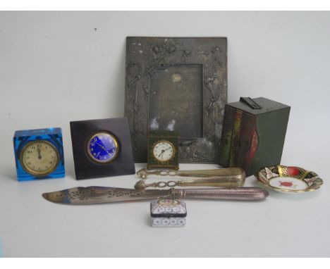 A Small Mappin Enamel and Gilt Metal Alarm Clock (6cm high, needs attention), a blue guilloche enamel strut clock with tortoi