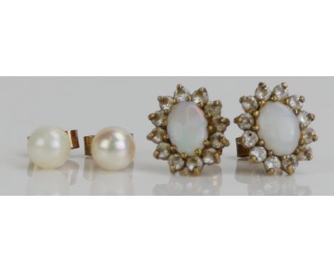 A Pair of 9ct Gold, Opal and CZ Cluster Earrings (12x10.3mm head, hallmarked) and a pair of cultured pear studs with 9ct gold