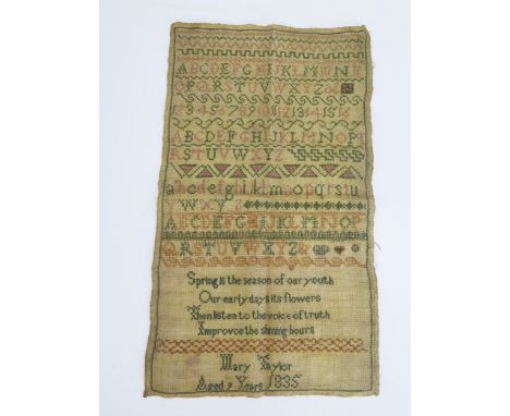 A William IV needlework sampler, with banded decoration of upper and lower case alphabets, Arabic numbers, verse, worked in c