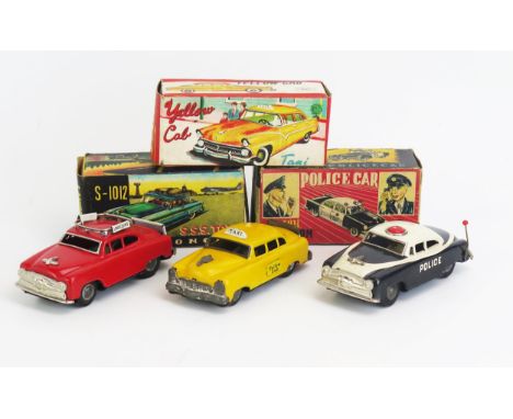 Japanese Tinplate Toy Car Trio including SSS Toys S-1011 Police Car, S-1012 Limousine in red and ASC Toys Yellow Taxi Cab - g