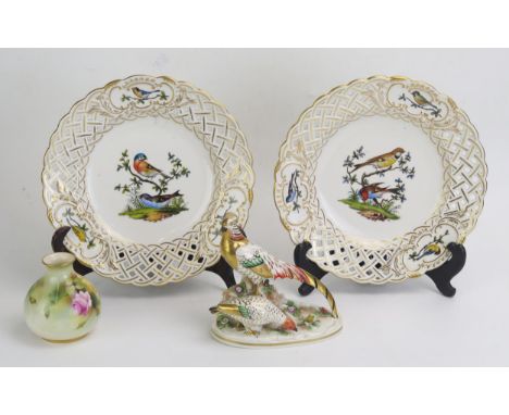 A Royal Worcester small vase with painted rose decoration, 7.5cm high, two Meissen porcelain ornithological ribbon plates, 21