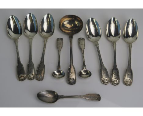 A part set of William IV silver Fiddle Thread &amp; Shell pattern spoons, maker William Theobalds, London, 1830, crested, inc