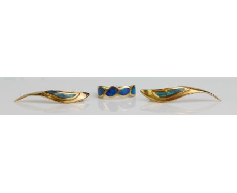 A 14K Gold and Opal Earring and Ring Set, ring size O.5 (some faults to opal), earrings c. 42.7mm drop, 11.88g