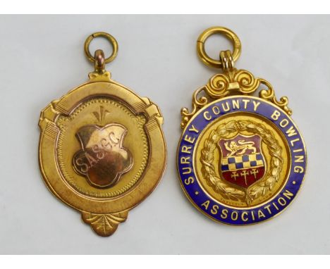 A 9ct Gold and Enamel Surrey County Bowling Fob and one other 9ct gold fob, 16.74g