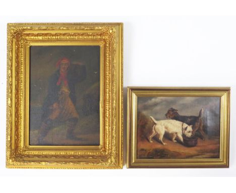 J Barry, study of two terriers, signed and dated 1836, oil on canvas, 30 x 22, framed, A/F and a portrait of a smuggling pira
