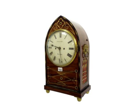 Good English mahogany double fusee lancet bracket clock, the movement with foliate engraved back plate and adjustable locking