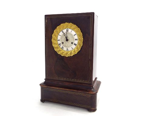 French rosewood two train mantel clock, the movement with outside countwheel striking on a bell, the 3.5" silvered dial withi