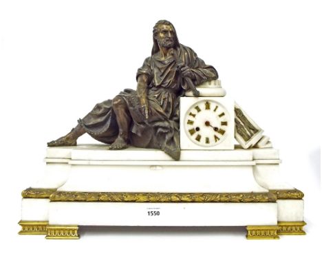 White marble and gilt metal figural two train mantel clock striking on a bell, the 4" dial within a pedestal, flanked by a ro