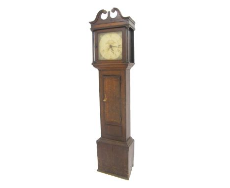 Oak thirty hour longcase clock, the 12" square painted dial signed Jonathan Smith, Wrexham, the crossbanded case with medium 