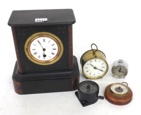 Black slate mantel timepiece, brass drumhead timepiece, car clock, miniature circular barometer and a miniature alarm timepie